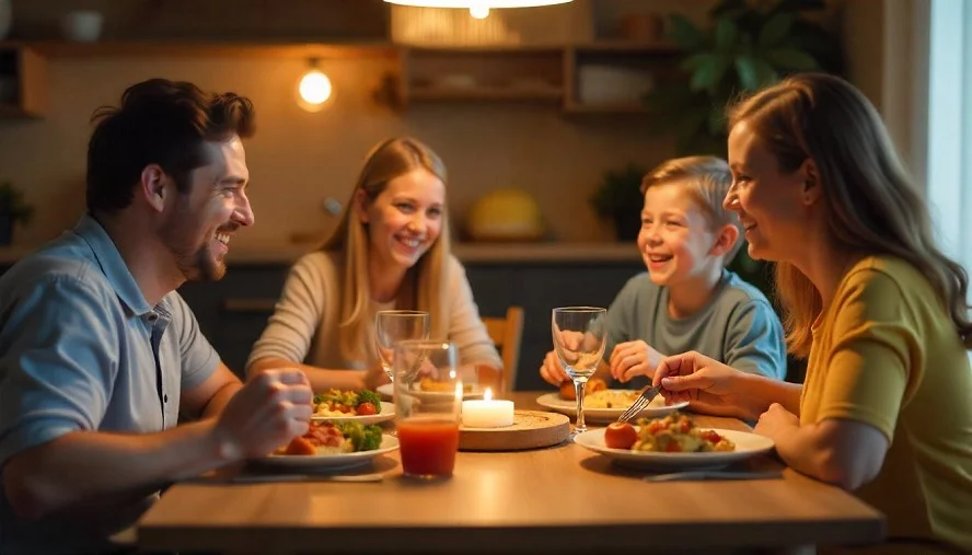 A family enjoying a healthy dinner together at the dining table, smiling and sharing conversations over nutritious meals.