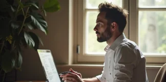 A professional working on a laptop at a desk in a well-lit home office with papers and books nearby.