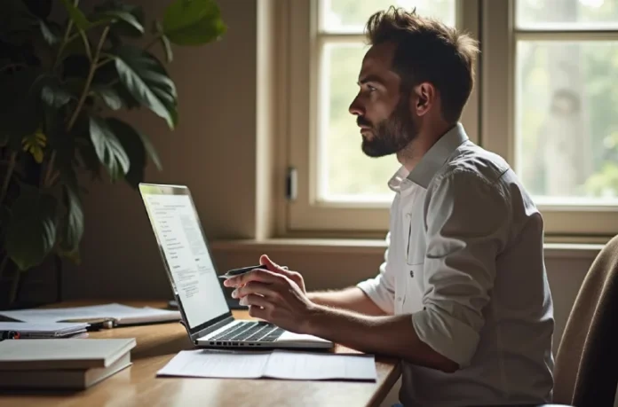 A professional working on a laptop at a desk in a well-lit home office with papers and books nearby.