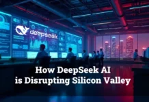 DeepSeek AI research lab with advanced digital screens, showing AI analytics and innovation, highlighting its impact on Silicon Valley.