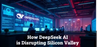 DeepSeek AI research lab with advanced digital screens, showing AI analytics and innovation, highlighting its impact on Silicon Valley.