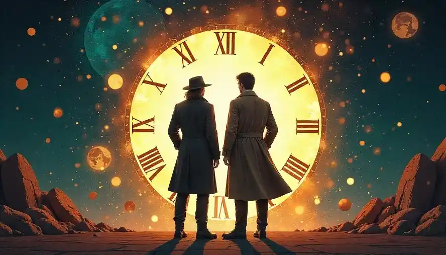 Dean Winchester and Castiel in different time periods surrounded by time portals symbolizing Destiel time travel fics.