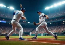 Dodgers and Yankees players in a high-energy baseball game, showcasing the intensity of their matchup.