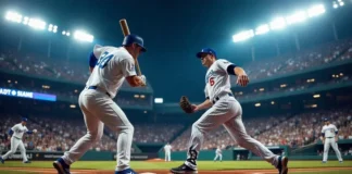 Dodgers and Yankees players in a high-energy baseball game, showcasing the intensity of their matchup.