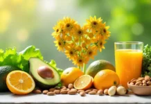 Heart-healthy foods like avocados, oranges, nuts, and leafy greens arranged with a heart-shaped floral decoration.