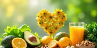 Heart-healthy foods like avocados, oranges, nuts, and leafy greens arranged with a heart-shaped floral decoration.