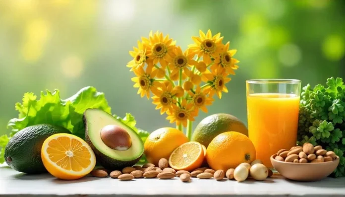 Heart-healthy foods like avocados, oranges, nuts, and leafy greens arranged with a heart-shaped floral decoration.