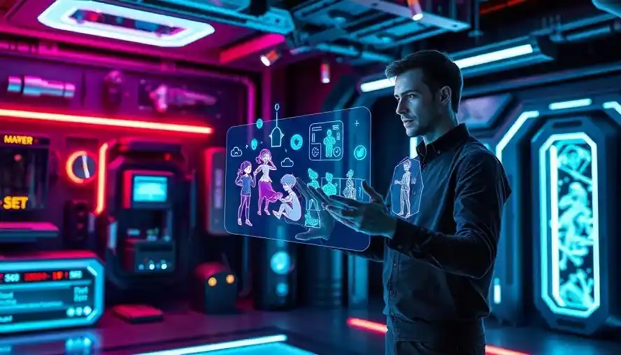 A futuristic digital workspace with a person interacting with holographic GIFs, showcasing the future of GIF technology in 2025.