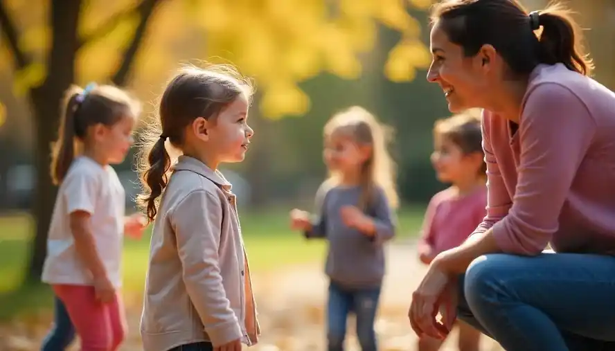 A shy child at a playground being encouraged by a teacher to join a group of friendly kids.