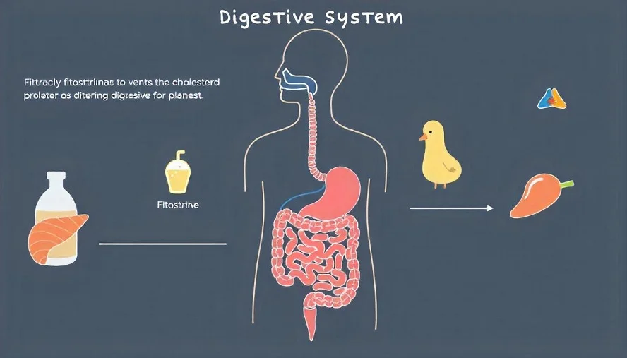 Illustration of the digestive system showing how fitosterina blocks cholesterol absorption to promote heart health.
