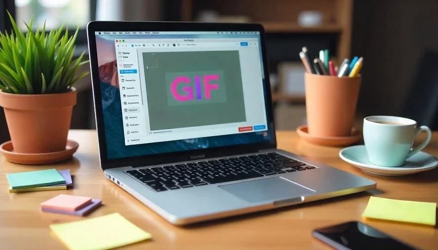 A laptop screen displaying GIFHQ’s editing tools for creating custom GIFs with text, effects, and animations in 2025.