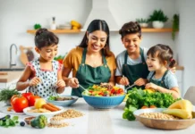 A happy family cooking together in a bright kitchen, preparing a colorful salad with fresh vegetables and fruits inspired by ImportantCool MomFood.