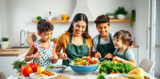 A happy family cooking together in a bright kitchen, preparing a colorful salad with fresh vegetables and fruits inspired by ImportantCool MomFood.