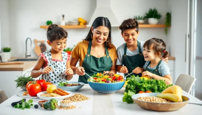 A happy family cooking together in a bright kitchen, preparing a colorful salad with fresh vegetables and fruits inspired by ImportantCool MomFood.