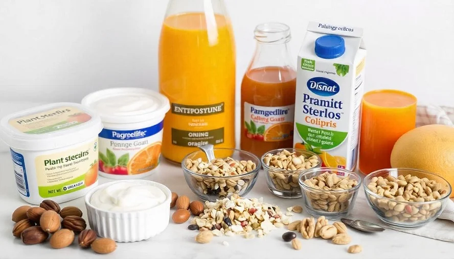 A table with fortified foods like orange juice, margarine, yogurt, nuts, and seeds, all rich in fitosterina.