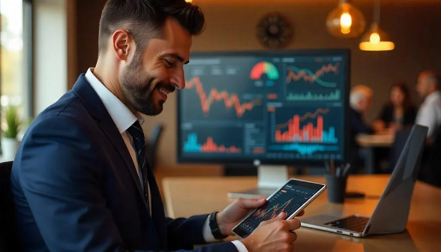 A professional investor analyzing stock market charts on a tablet with financial graphs in the background.