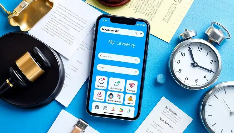 A smartphone displaying the key features of MyLawyer360, including attorney search and legal resources.