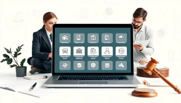 Laptop screen showing various legal services provided by MyLawyer360, including business law and criminal defense.