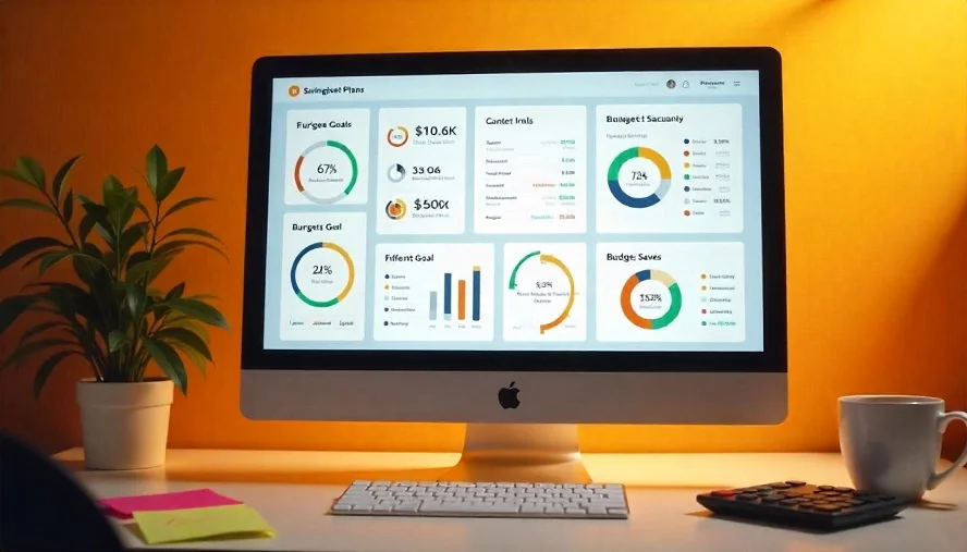 An iMac screen showing a financial dashboard with savings goals, budgeting plans, and investment strategies on Investiit.com.