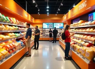 Digital snack displays showing interactive advertisements in a retail environment.