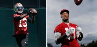 Stevie Johnson #13 catching footballs during 49ers practice, demonstrating his distinctive receiving techniques in team training exercises.