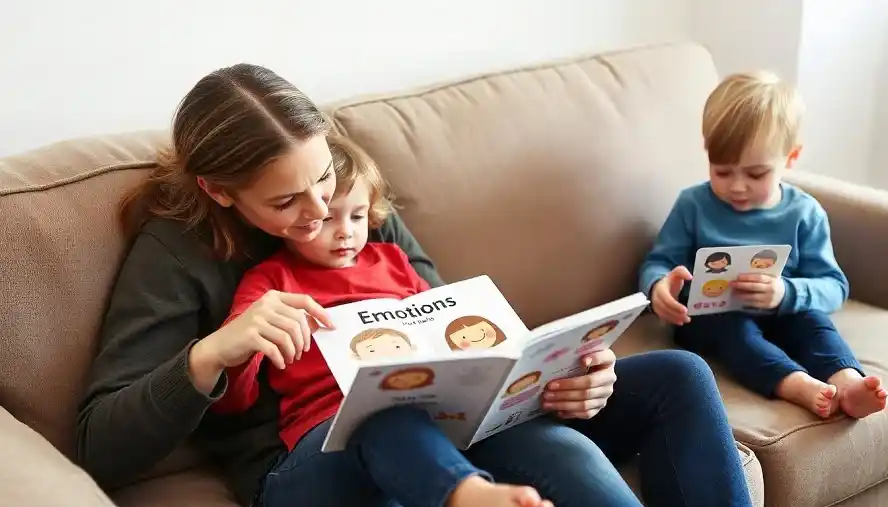 A parent reading an emotions book to a child, teaching them about feelings and social interactions.