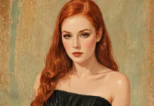 Vanna Bardeau portrait - redhead woman in black dress with green eyes against vintage wall