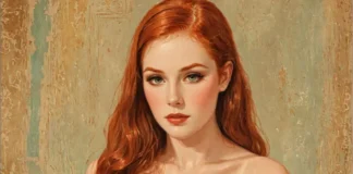 Vanna Bardeau portrait - redhead woman in black dress with green eyes against vintage wall