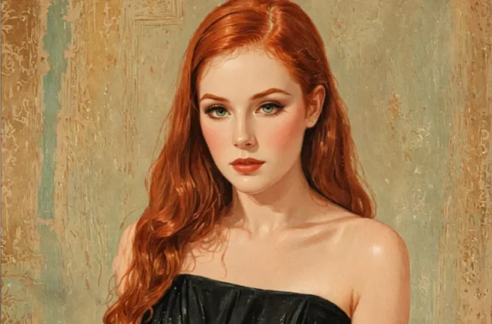 Vanna Bardeau portrait - redhead woman in black dress with green eyes against vintage wall