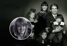 Jan Ashley inset photo alongside vintage Kardashian family portrait with Robert Kardashian Sr. and children from the 1990s