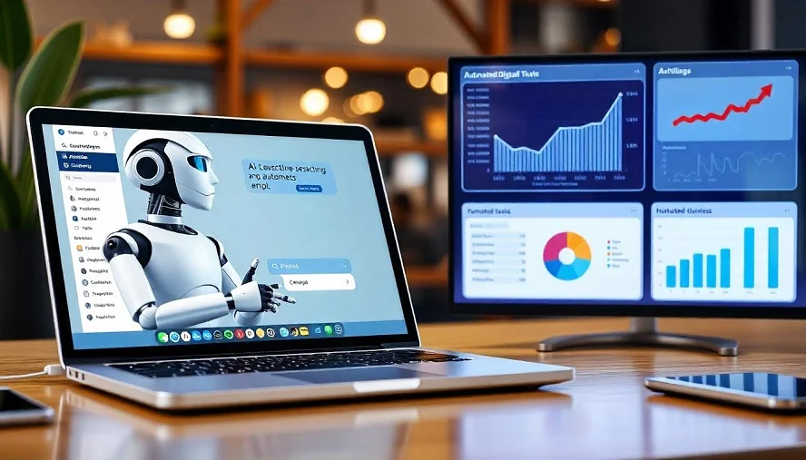 AI-powered chatbot assisting customers, with business analytics displayed on digital screens.