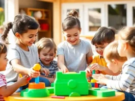 Young children playing together, sharing toys, and building social skills through teamwork and cooperation.