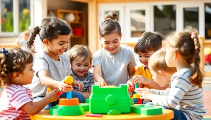 Young children playing together, sharing toys, and building social skills through teamwork and cooperation.