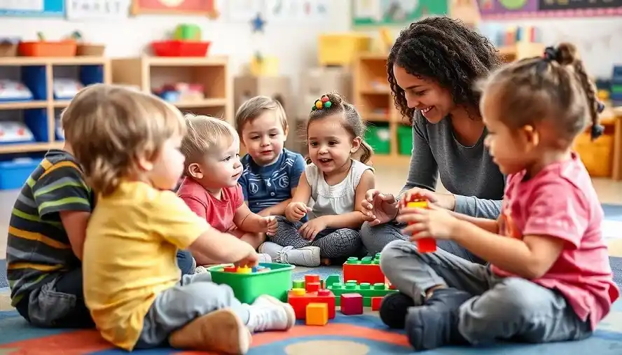 Toddlers playing and interacting with a teacher in a preschool, learning early social development skills.