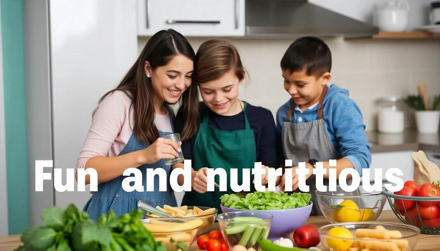 Kids learning to cook in the kitchen, making a fresh salad with colorful vegetables and smiling while working together.