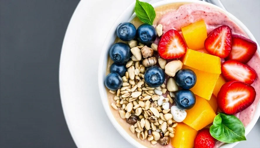 A vibrant rainbow salad bowl with blueberries, strawberries, nuts, and fresh herbs, showcasing healthy and creative meals.