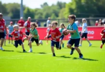 Young athletes running on the field during a 10u Football Dortey match, emphasizing skill-building and competition.