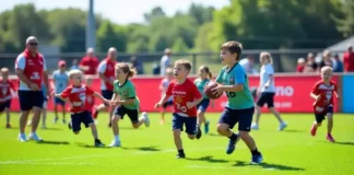 Young athletes running on the field during a 10u Football Dortey match, emphasizing skill-building and competition.