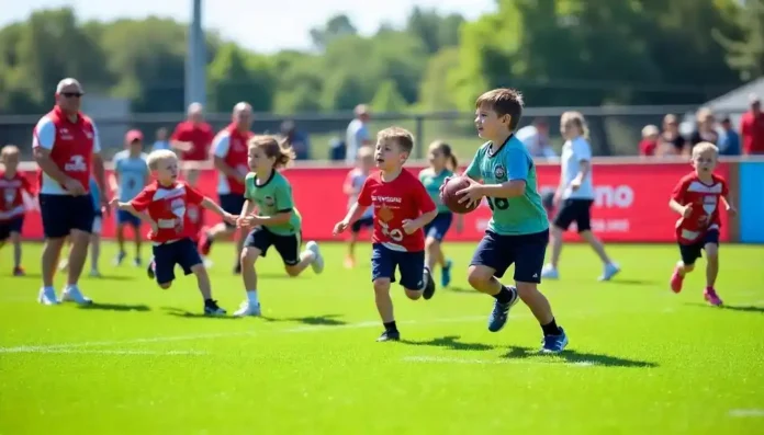 Young athletes running on the field during a 10u Football Dortey match, emphasizing skill-building and competition.