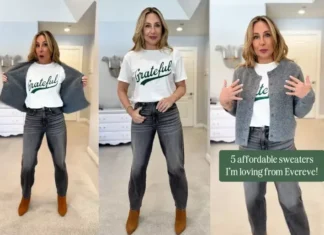 Brandi Short showcasing an outfit with a "Grateful" t-shirt and a gray sweater.