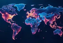 World map visualizing data streams and countries with advanced fastest internet infrastructure.