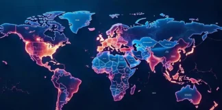 World map visualizing data streams and countries with advanced fastest internet infrastructure.