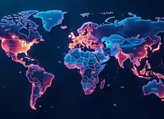 World map visualizing data streams and countries with advanced fastest internet infrastructure.