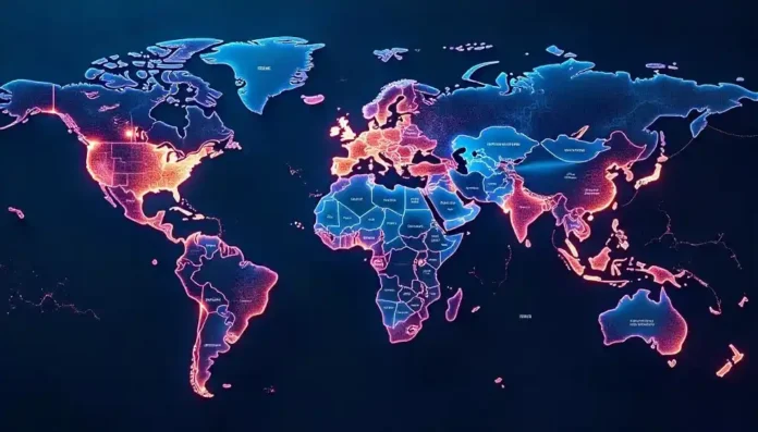 World map visualizing data streams and countries with advanced fastest internet infrastructure.