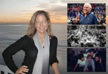 Susan Guth smiling in front of a serene ocean backdrop, with smaller inset images showing moments of joy and celebration.