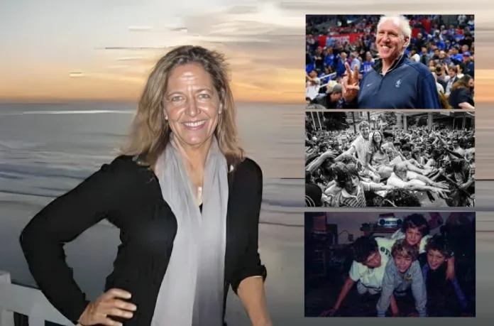 Susan Guth smiling in front of a serene ocean backdrop, with smaller inset images showing moments of joy and celebration.