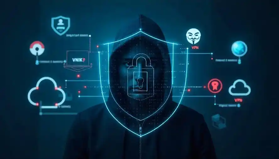 Anonymous user protected by digital shield with encrypted browsing and VPN tools, symbolizing online privacy.