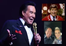 Wayne Newton performing on stage with a microphone, along with inset images showing his younger days and a recent photo with his spouse.