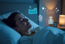 Woman sleeping peacefully with symbols of improved breathing and heart health after using Zepbound.