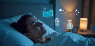 Woman sleeping peacefully with symbols of improved breathing and heart health after using Zepbound.